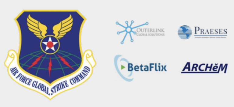 Logos for Air Force Global Strike Command, Outerlink Global solutions, Praeses, Beta Flix, and Archem